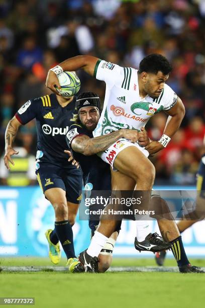 During the round 17: Samisoni Taukei'aho of the Chiefs makes a break during the Super Rugby match between the Highlanders and the Chiefs at ANZ...