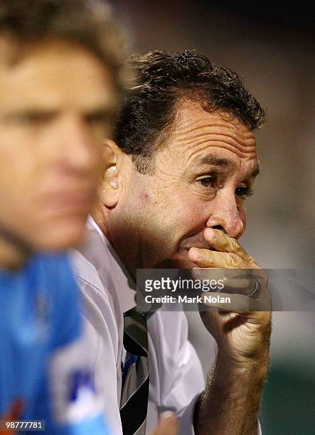 Sharks coach Ricky Stuart watches on during the round eight NRL match between the St George Dragons and the Cronulla Sharks at WIN Stadium on May 1,...