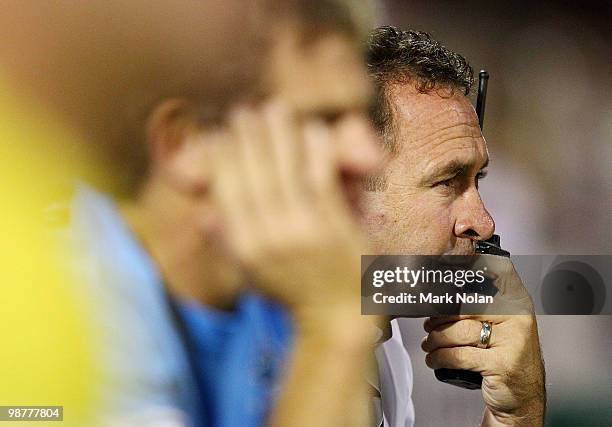 Sharks coach Ricky Stuart watches on during the round eight NRL match between the St George Dragons and the Cronulla Sharks at WIN Stadium on May 1,...