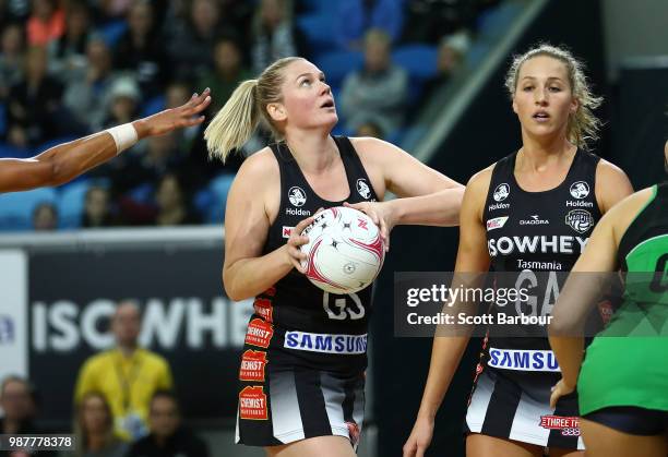 Caitlin Thwaites of the Magpies shoots the ball during the round nine Super Netball match between the Magpies and the Fever at Margaret Court Arena...