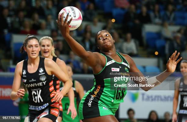 Jhaniele Fowler of the Fever competes for the ball during the round nine Super Netball match between the Magpies and the Fever at Margaret Court...