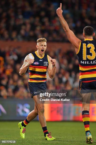 Hugh Greenwood of the Crows celebrates after kicking a goal during the round 15 AFL match between the Adelaide Crows and the West Coast Eagles at...