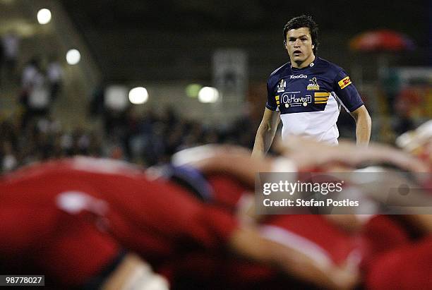 Adam Ashley-Cooper of the Brumbies watches the scrum during the round 12 Super 14 match between the Brumbies and the Reds at Canberra Stadium on May...