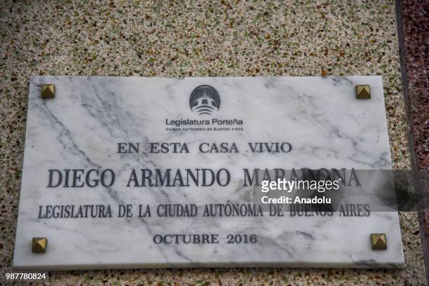 Plaque in the house where the Maradona family lived between 1977-80, now converted into a museum in homage to the soccer star Diego Maradona, in...