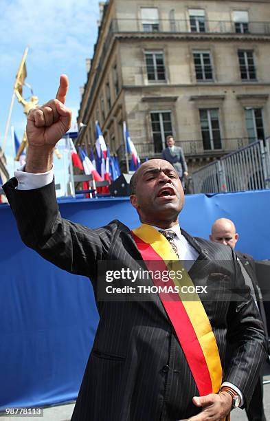 French National Front far-right party member Stéphane Durbec speaks place des Pyramides in Paris, during the party's annual celebration of Joan of...
