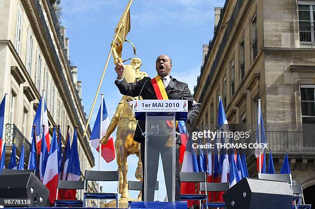 French National Front far-right party member Stéphane Durbec speaks place des Pyramides in Paris, during the party's annual celebration of Joan of...