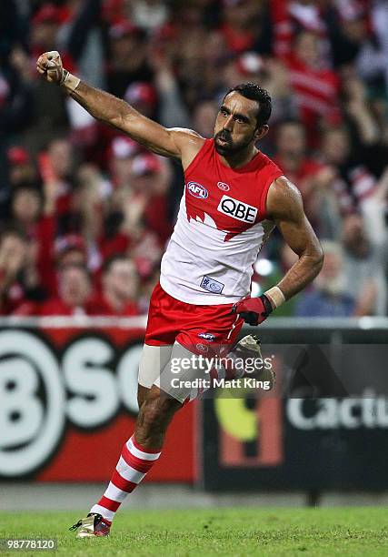 Adam Goodes of the Swans celebrates kicking a goal during the round six AFL match between the Sydney Swans and the Brisbane Lions at the Sydney...