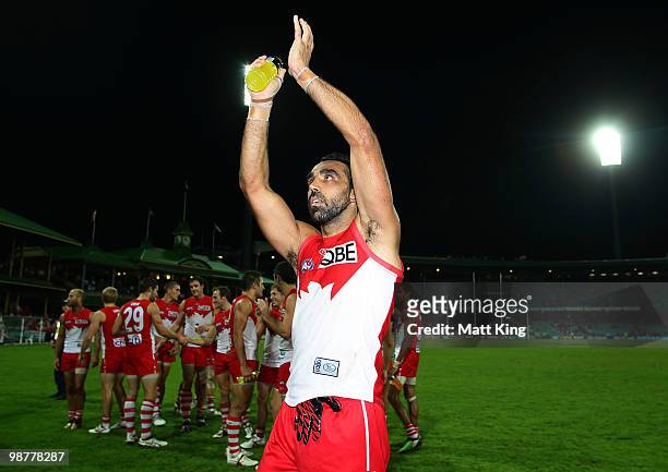 Adam Goodes of the Swans celebrates victory during the round six AFL match between the Sydney Swans and the Brisbane Lions at the Sydney Cricket...