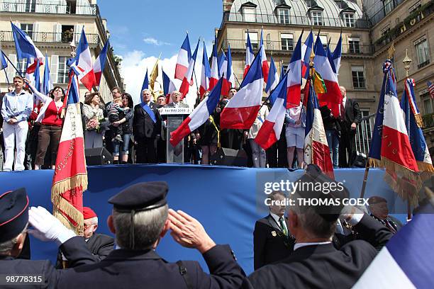 The president of French far-right party Front National , Jean-Marie Le Pen and French National Front far-right party vice-presidents Bruno Gollnisch...
