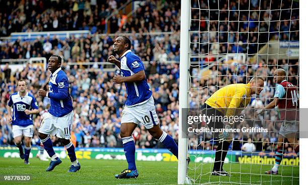 Cameron Jerome of Birmingham celebrates after Brian Jensen of Burnley scored an own goal during the Barclays Premier League match between Birmingham...