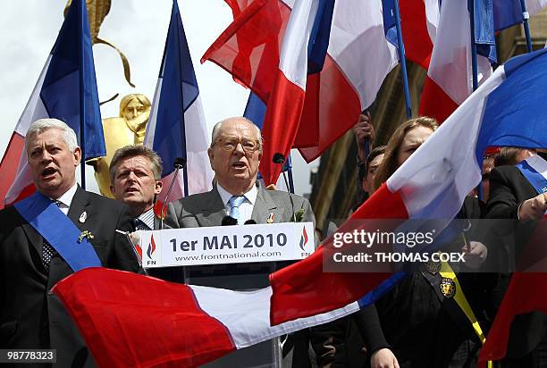 The president of French far-right party Front National , Jean-Marie Le Pen and French National Front far-right party vice-presidents Bruno Gollnisch...