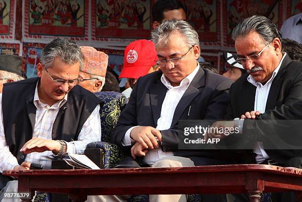 Unified Communist Party of Nepal Chairman Pushpa Kamal Dahal , also known as 'Prachanda', and Maoist Leader Ram Bahadur Thapa and Baburam Bhattarai...