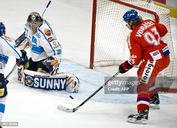 Czech Republic's Jakub Voracek is about to score 0-1 behind Finland's goalie Harri Sateri during the LG Hockey Games at Stockholm Globe Arena on May...