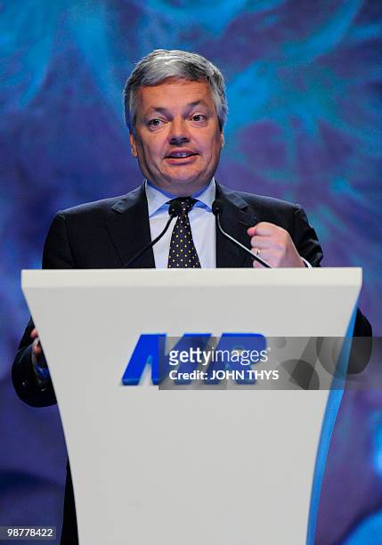 Belgium's outgoing finance minister and head of the francophone liberal MR party, Didier Reynders, gives a speech during party gathering on May 1,...