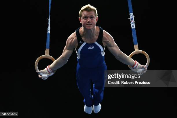 Christopher Cameron of the United States of America competes in the Rings during day three of the 2010 Pacific Rim Championships at Hisense Arena on...