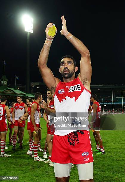 Adam Goodes of the Swans celebrates victory during the round six AFL match between the Sydney Swans and the Brisbane Lions at the Sydney Cricket...