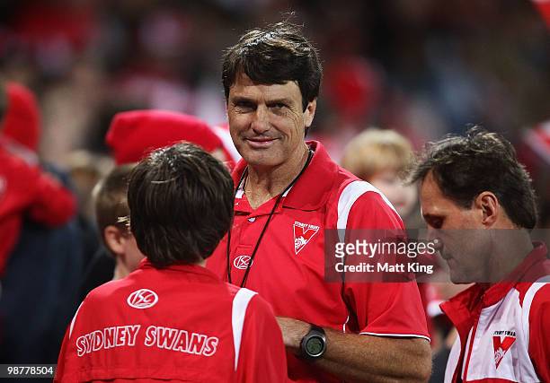 Swans coach Paul Roos smiles at fulltime during the round six AFL match between the Sydney Swans and the Brisbane Lions at the Sydney Cricket Ground...