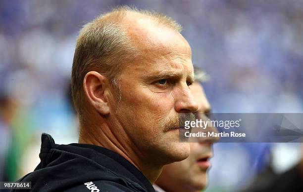 Thomas Schaaf, head coach of Bremen looks on prior to the Bundesliga match between FC Schalke 04 and Werder Bremen at Veltins Arena May 1, 2010 in...
