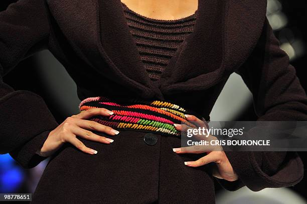 Color details in Alpaca weaved wool designs by Peruvian designer Beatriz Leigh are displayed by a model during the closing fashion show on April 30...