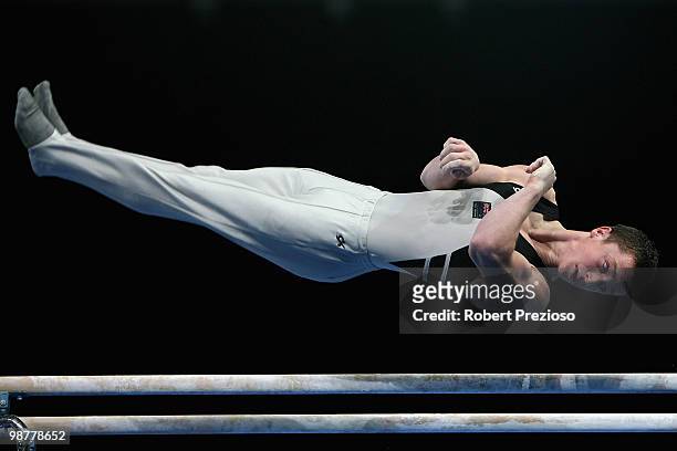 Aaron Clutterbuck of New Zealand competes in the Parallel Bars during day three of the 2010 Pacific Rim Championships at Hisense Arena on May 1, 2010...