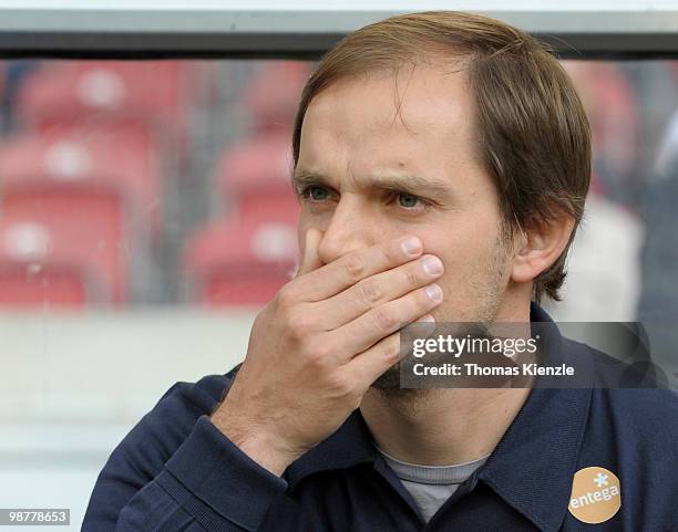 Mainz head coach Thomas Tuchel watches his team during the warm-up prior to the Bundesliga match between VfB Stuttgart and FSV Mainz 05 at...