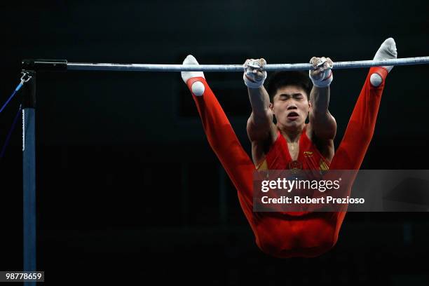 Leyand Zhang of China competes in the High Bar during day three of the 2010 Pacific Rim Championships at Hisense Arena on May 1, 2010 in Melbourne,...