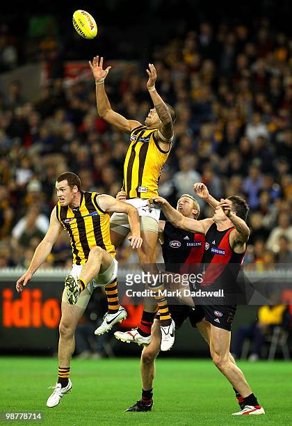 Lance Franklin of the Hawks flies for a mark during the round 6 AFL match between the Essendon Bombers and the Hawthorn Hawks at Melbourne Cricket...