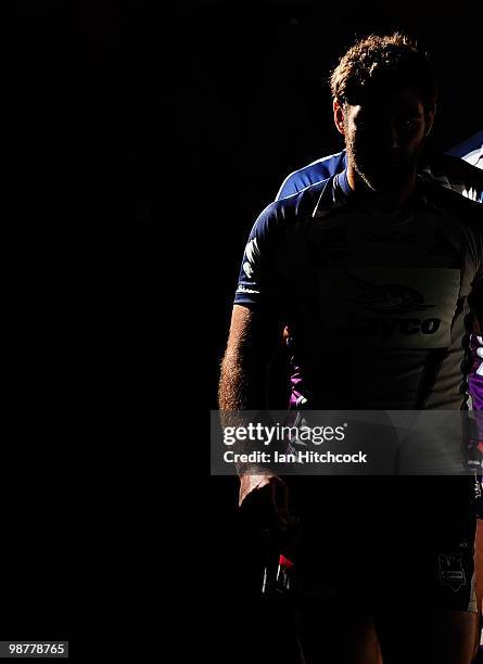 Cameron Smith of the Storm leads his team onto the field during the round eight NRL match between the North Queensland Cowboys and the Melbourne...