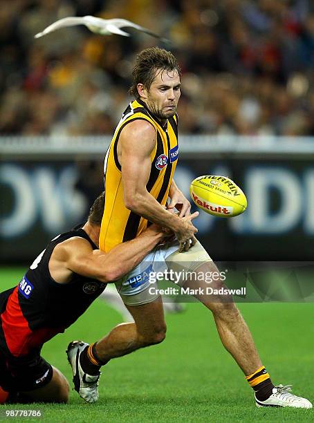 David Hille of the Bombers tackles Luke Hodge of the Hawks during the round 6 AFL match between the Essendon Bombers and the Hawthorn Hawks at...