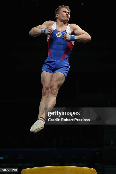 Sergay Karachkin of Russia competes in the Vault during day three of the 2010 Pacific Rim Championships at Hisense Arena on May 1, 2010 in Melbourne,...