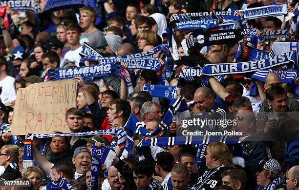 Fans of Hamburg show a protest banner against president Bernd Hoffmann of Hamburg prior to the Bundesliga match between Hamburger SV and 1. FC...