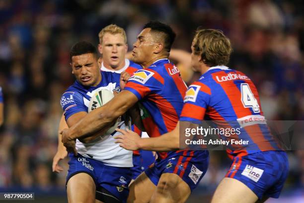 Herman Ese'ese of the Knights in action during the round 16 NRL match between the Newcastle Knights and the Canterbury Bulldogs at McDonald Jones...
