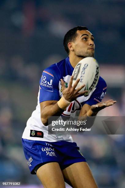 Reimis Smith of the Bulldogs in action during the round 16 NRL match between the Newcastle Knights and the Canterbury Bulldogs at McDonald Jones...