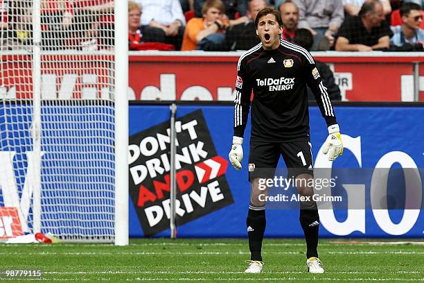 Goalkeeper Rene Adler of Leverkusen reacts after Raffael of Berlin scored his team's first goal during the Bundesliga match between Bayer Leverkusen...