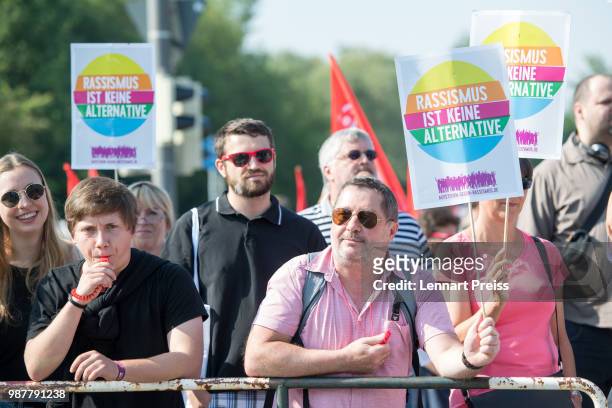 Protesters demonstrate against the right-wing Alternative for Germany political party federal congress on June 30, 2018 in Augsburg, Germany. The AfD...