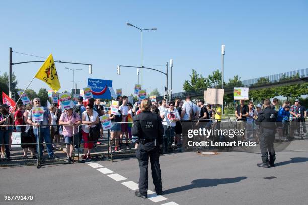 Protesters demonstrate against the right-wing Alternative for Germany political party federal congress on June 30, 2018 in Augsburg, Germany. The AfD...