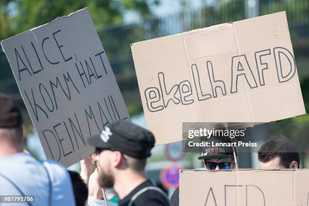 Protesters against the right-wing Alternative for Germany political party federal congress display banners reading "Alice, shut up" and "ekelhAFD" on...