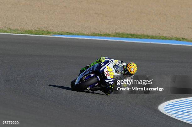 Valentino Rossi of Italy and Fiat Yamaha Team rounds the bend during the second free practice session at Circuito de Jerez on May 1, 2010 in Jerez de...