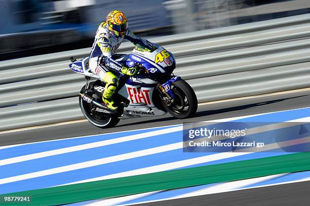 Valentino Rossi of Italy and Fiat Yamaha Team heads down a straight during the second free practice at Circuito de Jerez on May 1, 2010 in Jerez de...