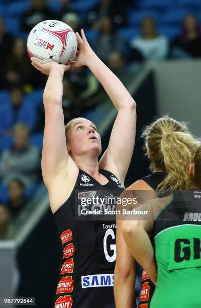 Caitlin Thwaites of the Magpies shoots the ball during the round nine Super Netball match between the Magpies and the Fever at Margaret Court Arena...