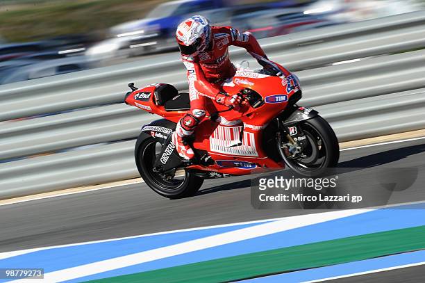 Casey Stoner of Australia and Ducati Marlboro Team looks back during the second free practice session at Circuito de Jerez on May 1, 2010 in Jerez de...