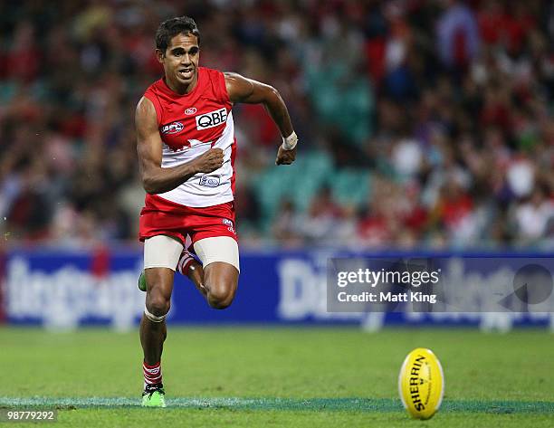 Lewis Jetta of the Swans chases down a loose ball during the round six AFL match between the Sydney Swans and the Brisbane Lions at the Sydney...