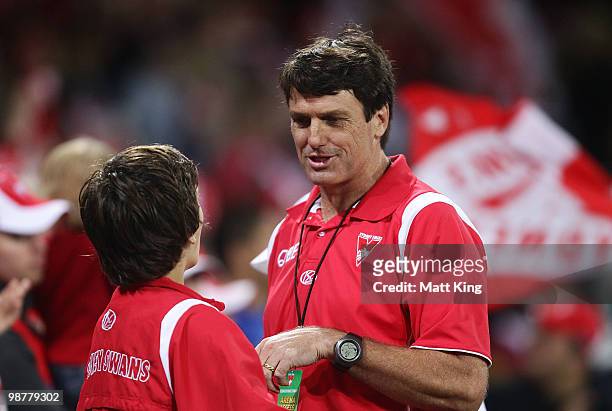 Swans coach Paul Roos smiles at fulltime during the round six AFL match between the Sydney Swans and the Brisbane Lions at the Sydney Cricket Ground...