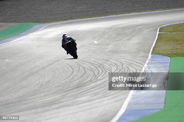 Amdrea Dovizioso of Italy and Repsol Honda Team heads down a straight during the second free practice at Circuito de Jerez on May 1, 2010 in Jerez de...
