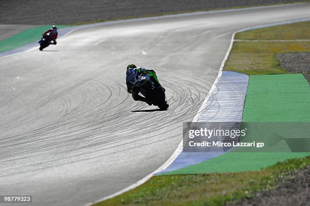 Valentino Rossi of Italy and Fiat Yamaha Team heads down a straight during the second free practice at Circuito de Jerez on May 1, 2010 in Jerez de...