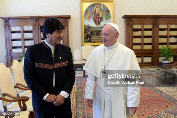 Pope Francis meets the Bolivian President Evo Morales during an audience at the Apostolic Palace on June 30, 2018 in Vatican City, Vatican. On...