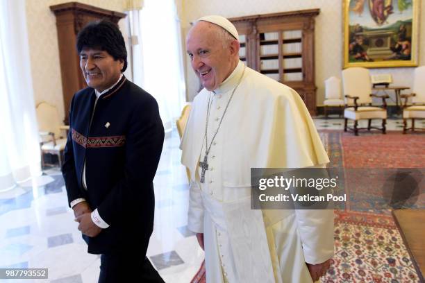 Pope Francis meets the Bolivian President Evo Morales during an audience at the Apostolic Palace on June 30, 2018 in Vatican City, Vatican. On...