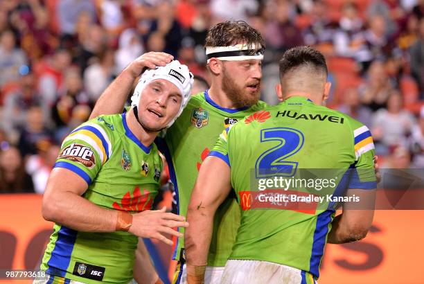 Nikola Cotric and Jarrod Croker of the Raiders celebrate a try during the round 16 NRL match between the Brisbane Broncos and the Canberra Raiders at...