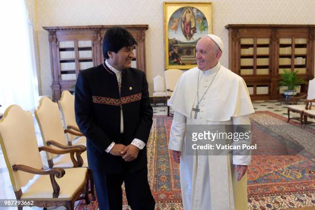 Pope Francis meets the Bolivian President Evo Morales during an audience at the Apostolic Palace on June 30, 2018 in Vatican City, Vatican. On...