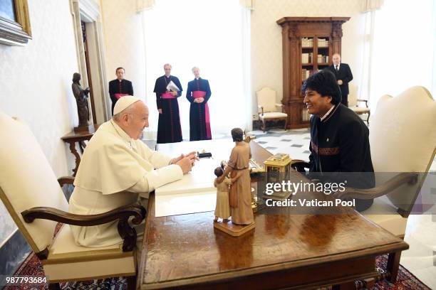 Pope Francis meets the Bolivian President Evo Morales during an audience at the Apostolic Palace on June 30, 2018 in Vatican City, Vatican. On...